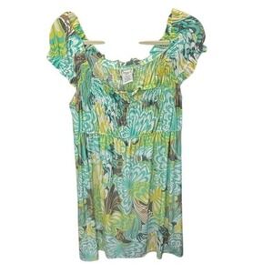 Maggy L Smocked Floral Dress Size 12 Green Yellow White Cute Sheer‎